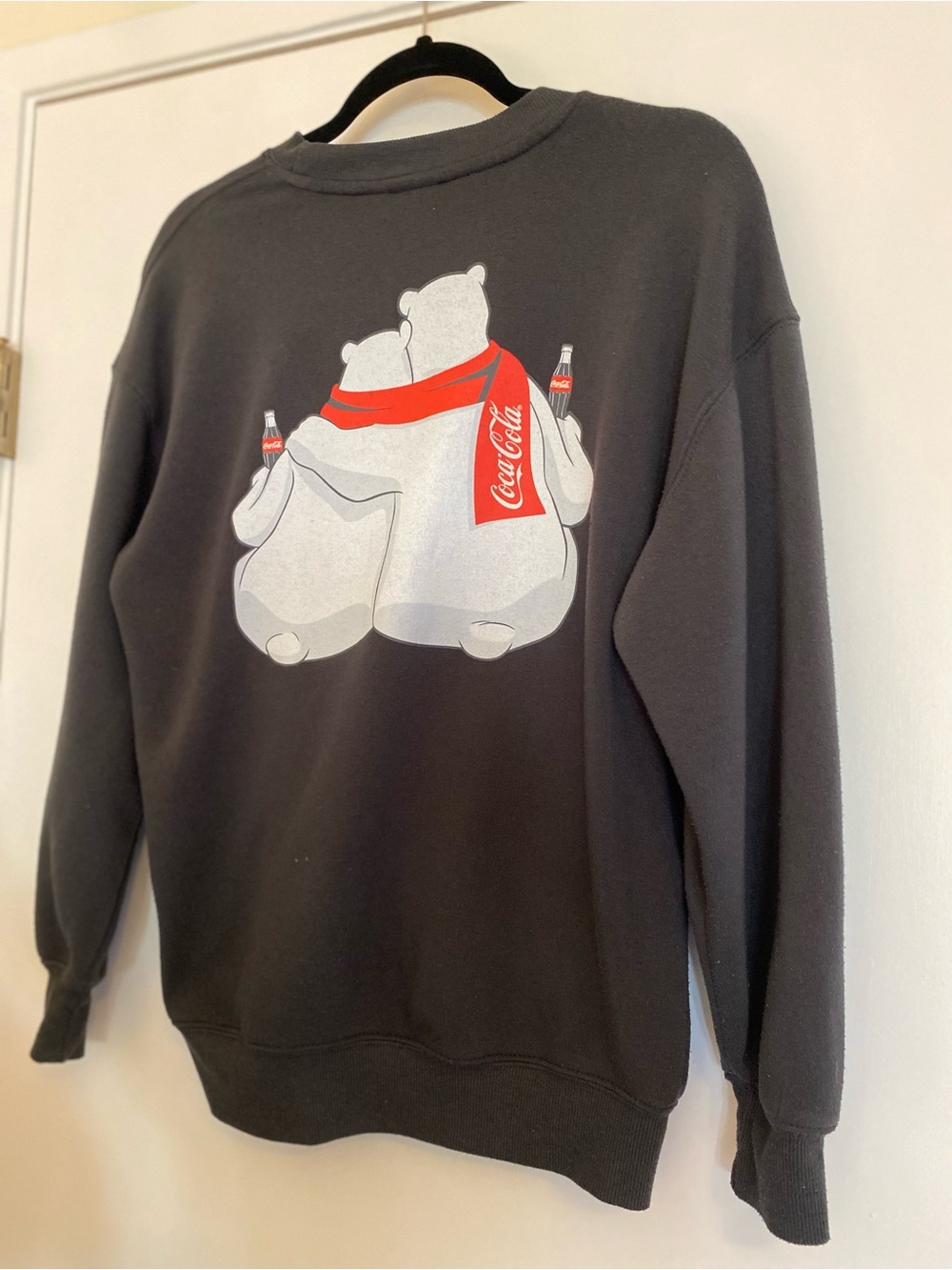 Coca Cola Black Crewneck Sweatshirt with Polar Bear Graphic and Red Scarf